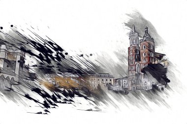 Eski şehir Krakow sanat illüstrasyonları antika
