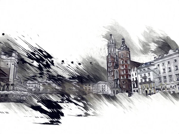 Eski şehir Krakow sanat illüstrasyonları antika