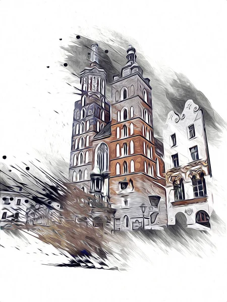 Old City Krakow Art Illustration Retro Vintage — Stock Photo, Image