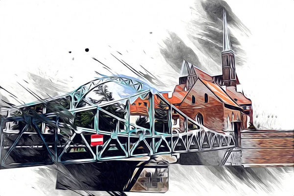 Wroclaw Πόλη Πολωνία Ρετρό Τέχνης Σχέδιο Σκίτσο Εικονογράφηση — Φωτογραφία Αρχείου
