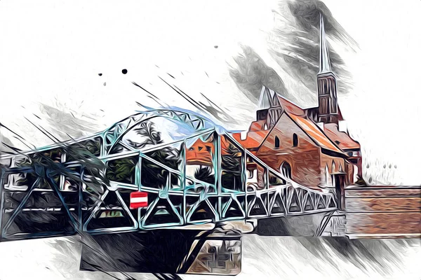 Wroclaw City Poland Retro Vintage Art Draw Sketch — 스톡 사진