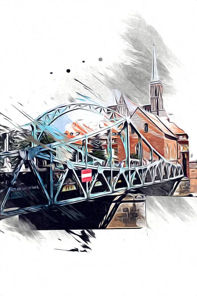 Wroclaw Stad Polen Retro Vintage Kunst Tekening Schets Illustratie — Stockfoto