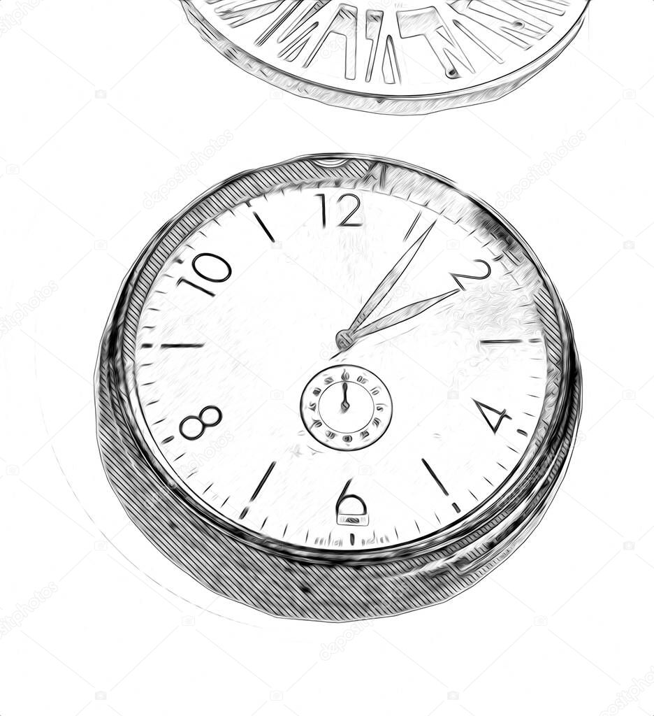 The dials of the old antique classic clocks on a vintage paper background