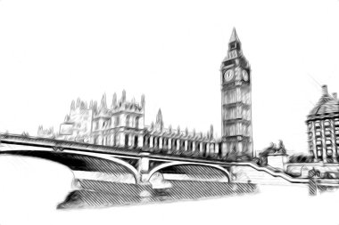 Londra 'nın büyük Ben sanat eseri çizimi, çizim, eğlenceli tasarım, antika retro