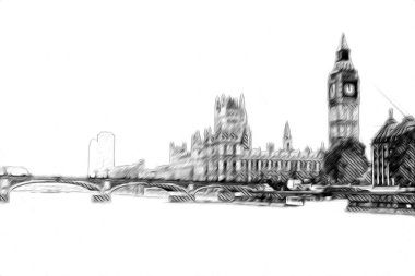 Londra 'nın büyük Ben sanat eseri çizimi, çizim, eğlenceli tasarım, antika retro