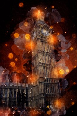 Londra 'nın büyük Ben sanat eseri çizimi, çizim, eğlenceli tasarım, antika retro