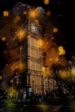 Londra 'nın büyük Ben sanat eseri çizimi, çizim, eğlenceli tasarım, antika retro