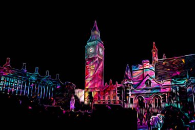 Londra 'nın büyük Ben sanat eseri çizimi, çizim, eğlenceli tasarım, antika retro