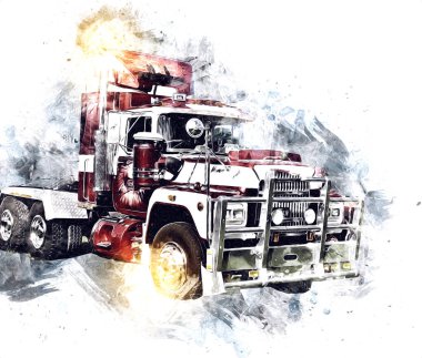 Amerikan kamyon illüstrasyon rengi izole edilmiş eski sanat eseri