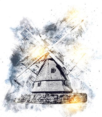 Eski yel değirmeni antika çizim sanatı