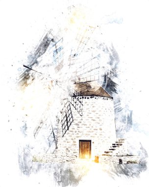 Eski yel değirmeni antika çizim sanatı