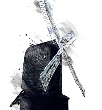 Eski yel değirmeni antika çizim sanatı