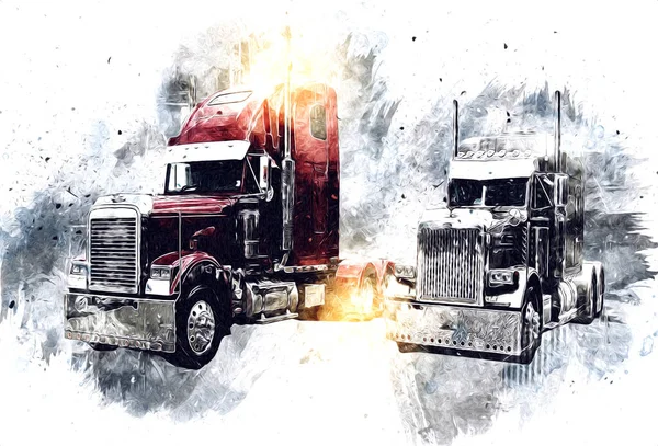 Americký Truck Ilustrace Barva Izolované Umění Vintage Retro — Stock fotografie