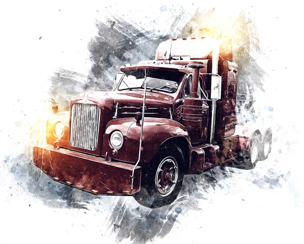 Americký Truck Ilustrace Barva Izolované Umění Vintage Retro — Stock fotografie