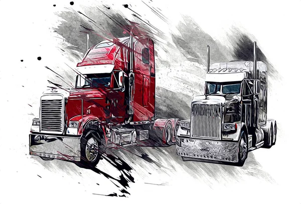 Americký Truck Ilustrace Barva Izolované Umění Vintage Retro — Stock fotografie