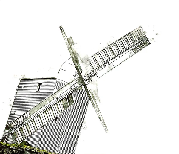 Windmühle Alten Retro Jahrgang Zeichnung Illustration Kunst — Stockfoto