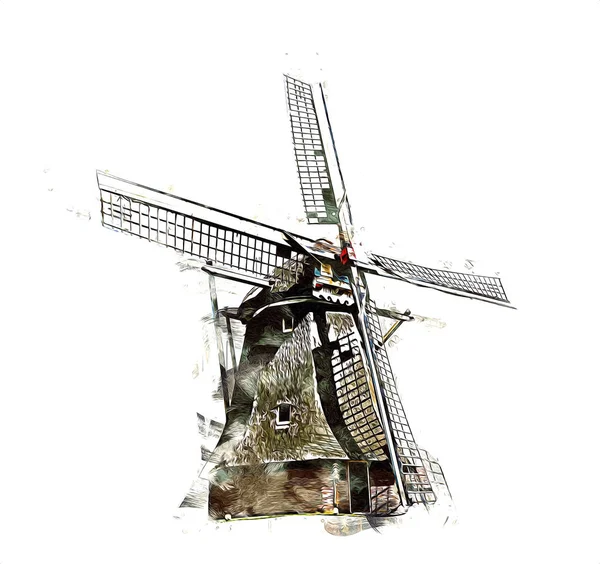 Windmühle Alten Retro Jahrgang Zeichnung Illustration Kunst — Stockfoto