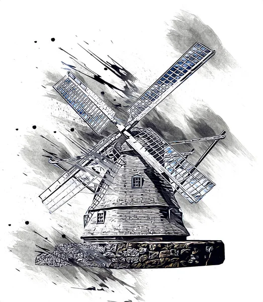 Windmühle Alten Retro Jahrgang Zeichnung Illustration Kunst — Stockfoto