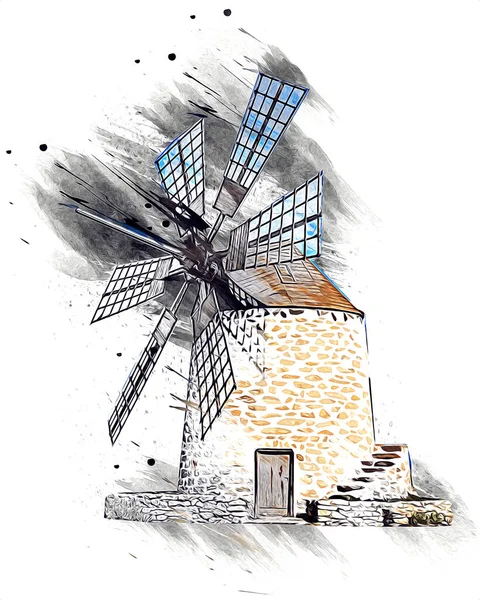 windmill old retro vintage drawing illustration art