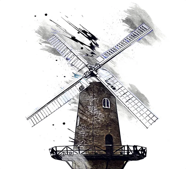 Windmühle Alten Retro Jahrgang Zeichnung Illustration Kunst — Stockfoto