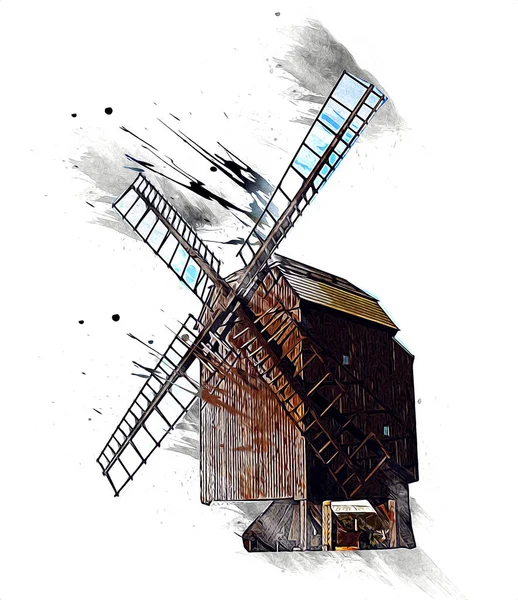 Windmühle Alten Retro Jahrgang Zeichnung Illustration Kunst — Stockfoto