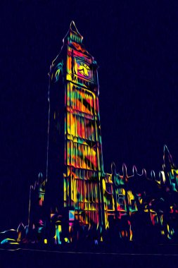 Londra 'nın büyük Ben sanat eseri çizimi, çizim, eğlenceli tasarım, antika retro