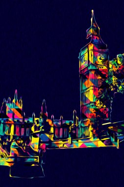 Londra 'nın büyük Ben sanat eseri çizimi, çizim, eğlenceli tasarım, antika retro