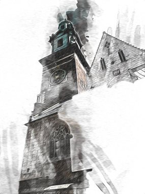 Eski şehir Krakow sanat illüstrasyonları antika