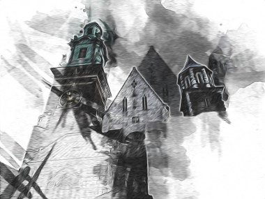 Eski şehir Krakow sanat illüstrasyonları antika