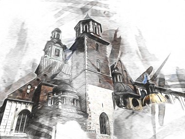 Eski şehir Krakow sanat illüstrasyonları antika