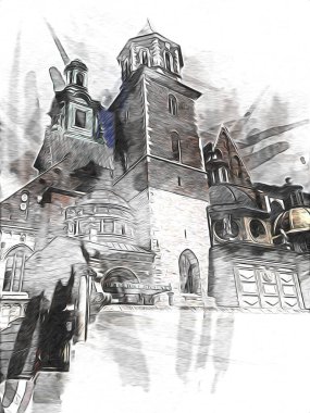 Eski şehir Krakow sanat illüstrasyonları antika