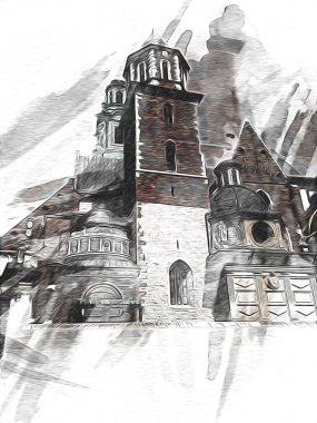 Eski şehir Krakow sanat illüstrasyonları antika