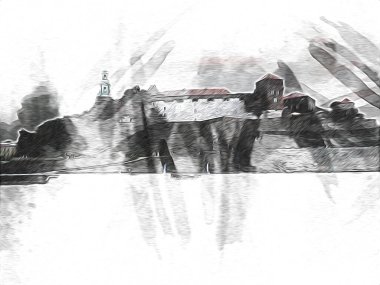 Eski şehir Krakow sanat illüstrasyonları antika