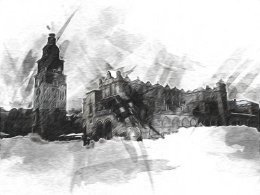 Eski şehir Krakow sanat illüstrasyonları antika