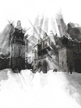 Eski şehir Krakow sanat illüstrasyonları antika