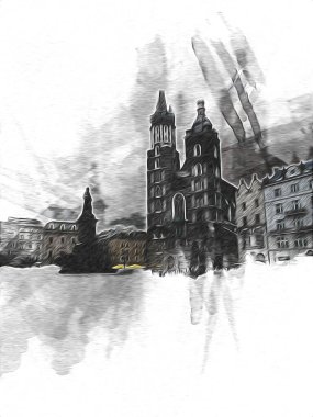 Eski şehir Krakow sanat illüstrasyonları antika