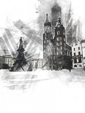 Eski şehir Krakow sanat illüstrasyonları antika