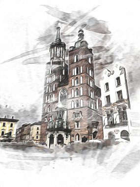 Eski şehir Krakow sanat illüstrasyonları antika