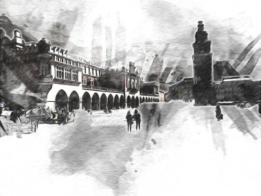 Eski şehir Krakow sanat illüstrasyonları antika