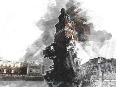 Eski şehir Krakow sanat illüstrasyonları antika