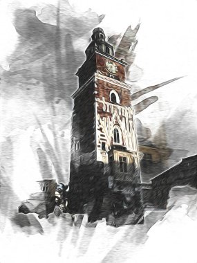 Eski şehir Krakow sanat illüstrasyonları antika