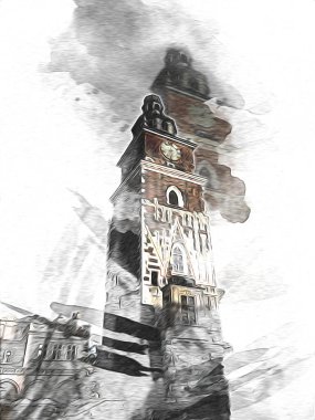 Eski şehir Krakow sanat illüstrasyonları antika