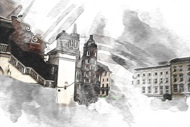 Eski şehir Krakow sanat illüstrasyonları antika