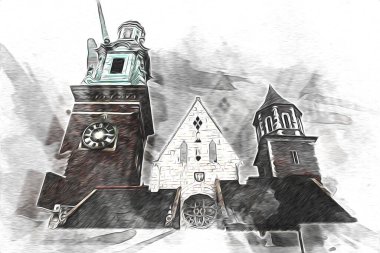 Eski şehir Krakow sanat illüstrasyonları antika