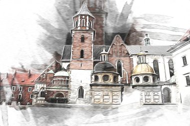 Eski şehir Krakow sanat illüstrasyonları antika