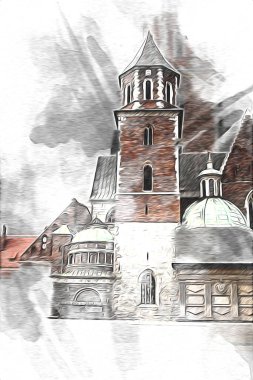 Eski şehir Krakow sanat illüstrasyonları antika