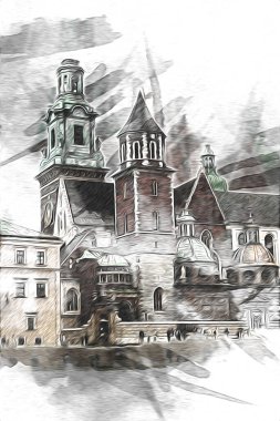 Eski şehir Krakow sanat illüstrasyonları antika