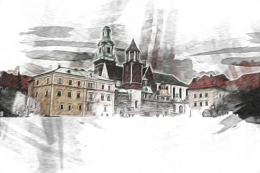 Eski şehir Krakow sanat illüstrasyonları antika