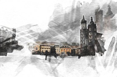 Eski şehir Krakow sanat illüstrasyonları antika