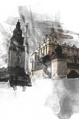 Eski şehir Krakow sanat illüstrasyonları antika